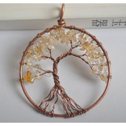Natural Lucky Handmade Tree of life Yellow Crystal Bronze Copper Wire Wrap GEM Pendant Jewelry For Gift S1294
