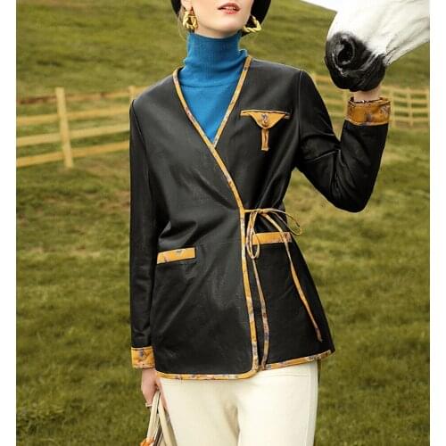 Autumn New Designer Womens High Quality Genuine Leather V-neck coat Chic elegant leather jackets Top C113