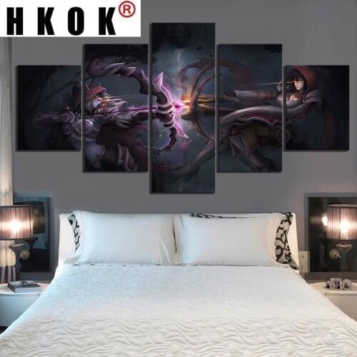 HKOK Poster Canvas Art Paintings 5 Piece Pictures World of Warcraft Video Game Poster Paintings Sylvanas Windrunner WOW Decor