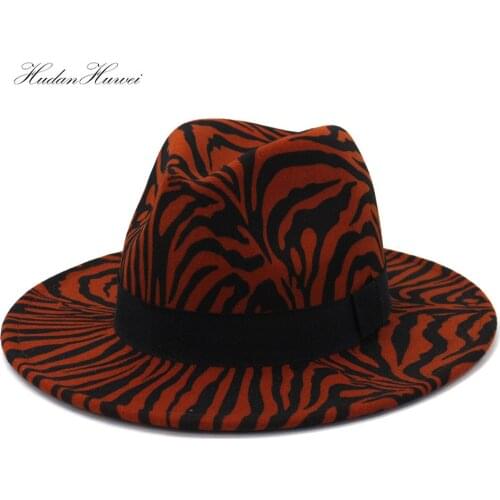 Hot Sell Zebra Print Women Men Jazz Panama Woolen Felt Fedora Hat Camel Fashionable Church Party Top Hat