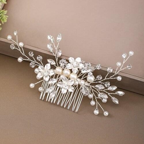 Wedding Hair Jewelry Pearl Flower Silver Color Rhinestone Hair Comb Hair Accessories For Women Bridal Hair Comb Jewelry Tiara