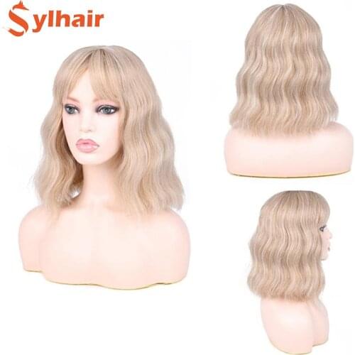 Sylhair Fashion Lady Short Wavy Bob Cosplay Lolita Wig Middle Part Hair Orange Blue Synthetic Wigs For Women Girl Heat Resistant