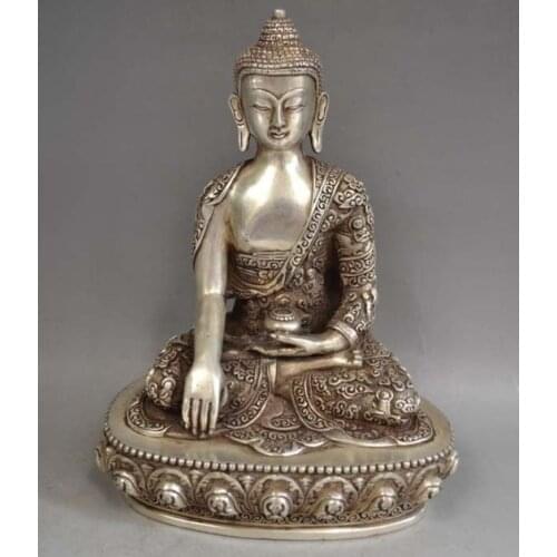 Tibetan Silver Bronze Sakyamuni Buddha Statue Healing Medicine Decoration 100% Brass Bronze