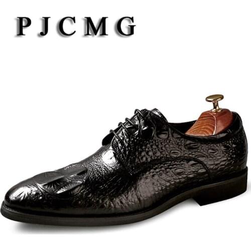 PJCMG High Quality Spring/Autumn Black/Red Genuine Solid Leather Flat Oxford Lace-Up Crocodile Style Dress Wedding Shoes For Men