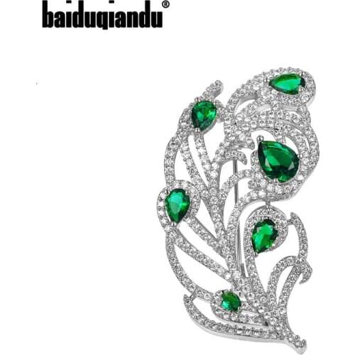 Baiduqiandu New Arrival Sparkling Green CZ Zircon Crystal Feather Brooch for Women Fashion Clothes Ornament Jewelry Accessories