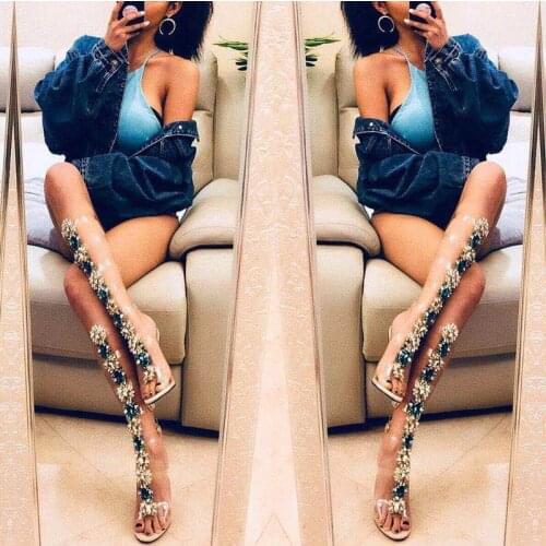 New Sexy Pvc Transparent Gladiator Sandals Woman Open Toe T-strap Rhinestone Diamond Clear High Heel Shoes Women Summer shoes