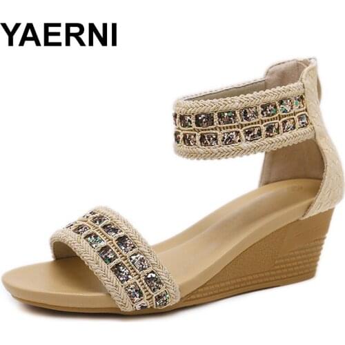 YAERNI Summer new women fashion sandals sweet slope with comfortable Roman gladiator diamond sandals woman shoes size 35-42