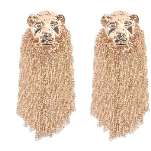 2021 Fashion Gold Lion Head Tassel Dangle Earrings Women Punk Hip Hop Long Chain Fringe Earring Woman Jewelry