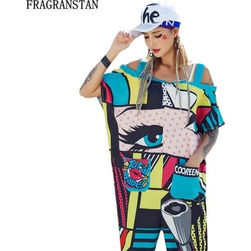 Spring Summer Street Style Rompers Womens Jumpsuit Cartoon Print Casual Loose Plus Size Strapless Bare Shoulder Jumpsuits LY371
