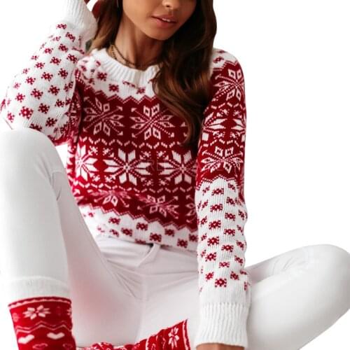 Womens Christmas Pullover Sweaters Classic Knitted Snowflake Printed Sweater Round Neck Long Sleeve SweatersFestive Clothing