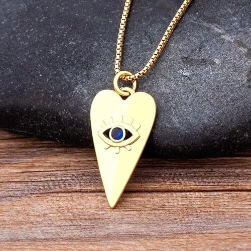 Top Quality Simple Design Blue Cubic Zirconia Paved Geometric Turkish Evil Eye Pendant Heart Shape Women Necklace Party Jewelry