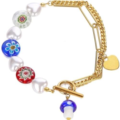 ZV New Ethnic Stainless Steel Chain Bracelet Woman Mushroom Pendant Chain Gold-plated Heart Pattern Thick Chain Bracelet