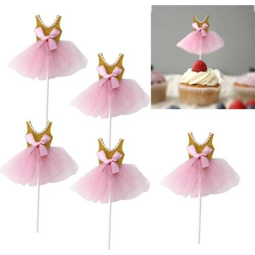5pcs Girls Birthday Cupcake Topper Decor Glitter Princess Tutus Dress Cake Toppers Ballerina Skirt Cupcake Picks Party Supply A3