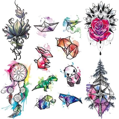 Watercolor Animal Pine Temporary Tattoo For Kids Children Women Lotus Fake Tattoos Sticker Dreamcatcher Flowers Tatoos Ear Hands