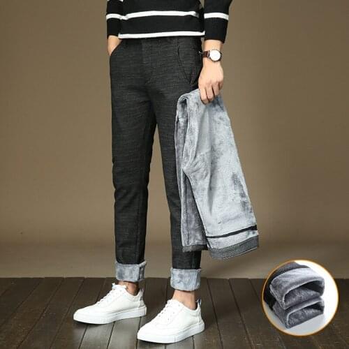 2019 New Brand Mens Winter Fleece Fluff Thicken Warm Pants Men Slim Skinny Elastic Fleece Thick Business Casual Trousers Male