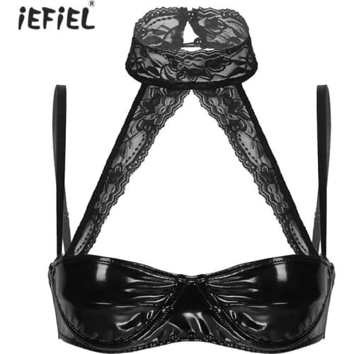 Womens Latex Sissy Bra PU Patent Leather Underwired Bra Top Lace Halter Neck Spaghetti Straps Exotic Lingerie Brassiere Clubwear