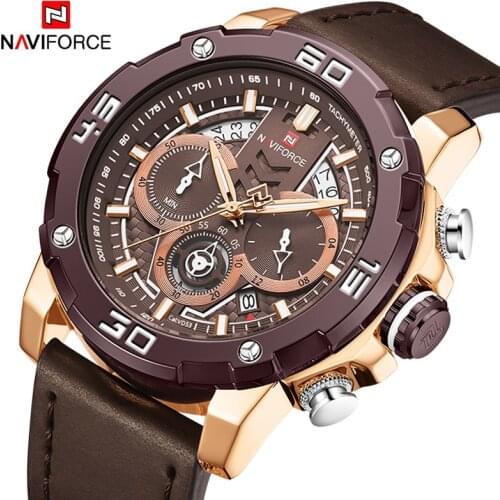 NAVIFORCE Man Leather Strap Watch Casual Business Quartz Analog Clock Waterproof Chronograph Luminous Calendar Men Wrist Watches