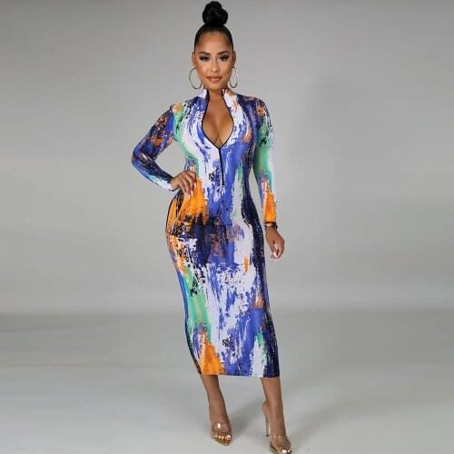Splash Ink Print Skinny Long Dress for Women Full Sleeve Half High Neck Bodycon Dresses Female Summer Clubwear Slim Vestidos