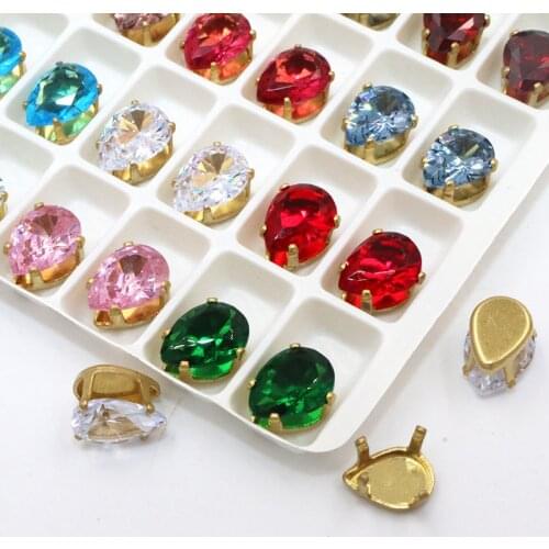 New arrival 6x8mm Teardrop Zircon artificial gemstone with claw flatback gold base sew on rhinestones DIY jewelry Accessories