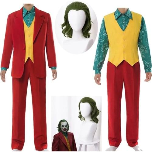 Movie --Jokers Cosplay Costume Masks Wig Horror Clown Halloween Carnival Party Clown Uniform Green Synthetic Hair Free Gifts