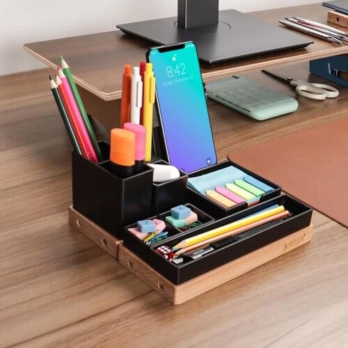 Desk Organizer Storage Wooden Stationery Holder Stationery Organizer For Pens With Phone Stand, Office School Accessory