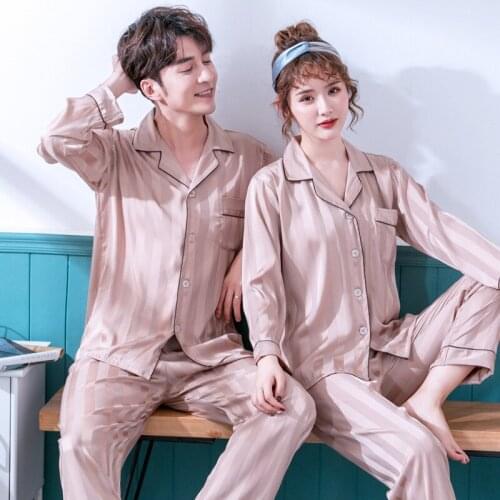 2019 NEW Lovers Turn Down Home Clothing Sleep Set Long Sleeve Striped 2PCS Sleepwear Nightwear Shirt&Pant Pajamas Pyjamas Suit