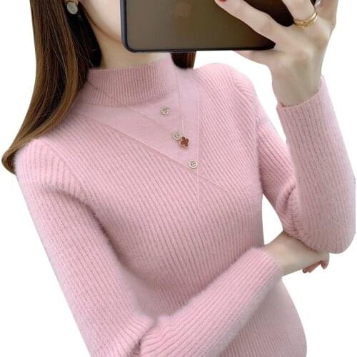 New Autumn Winter Imitation Mink Velvet Sweater Female Inner Wear Fashion Half-High Neck Slim-Fit Base Sweater Womens Clothing