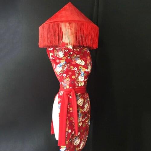 New Female Sexy Costume Cheongsam Red Dress Bar Gogo Dance Outfit Nightclub DJ DS Rave Clothes Fringe Hat Festival Clothing 1479