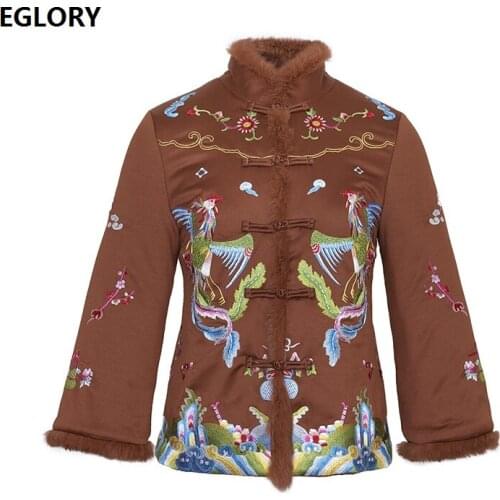 Top Quality Womens Parka 2020 Winter Female Vintage Embroidery Rabbit Hair Patchwork Long Sleeve Green Brown Parka Coat Outwear