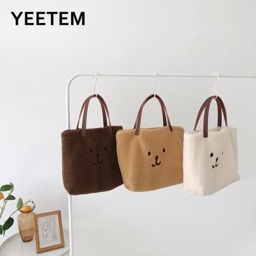 Autumn Winter Plush hand embroidery cute cartoon bear casual student Toth Satchel All-match lamb wool shoulder bag handbags