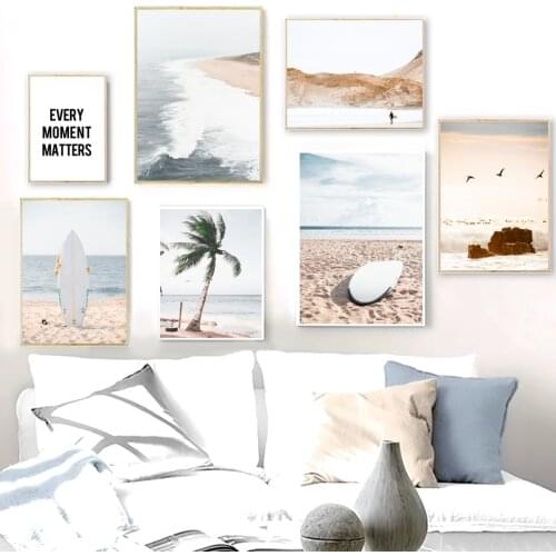 Beach Waves Coconut Tree Surfboard Ship Wall Art Canvas Painting Nordic Posters And Prints Wall Pictures For Living Room Decor