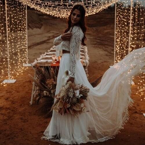 Chic Lace Long Sleeve Boho Wedding Dress Two Pieces Tassel Backless Beach Bohemia Bridal Gowns Vintage