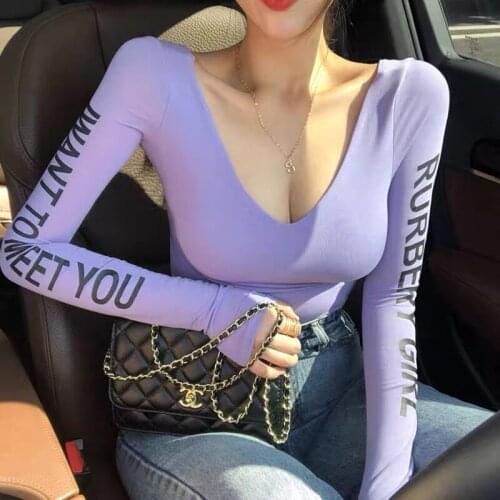 Spring and autumn long-sleeved V-neck tights sexy low-cut T-shirt letter print top European and American clothes