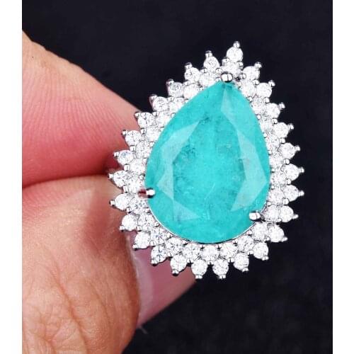 Vintage Real 925 Silver Natural Paraiba Tourmaline Gemstone Ring Pearl Shape Crystal Ladies Bridal Resizable Ring Fine Jewelry