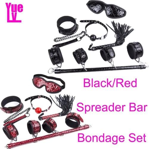 YUELV Adult Game Bondage Set Stainless Steel Spreader Bar With Hand Ankle Cuffs Neck Collar Whip Gag Sex Products For Couples