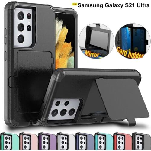 Card Holder Mirror Phone Case For Samsung Galaxy S21 Ultra Case Stand Shockproof Armor Case Galaxy S21 Plus Note 20 Ultra Cover