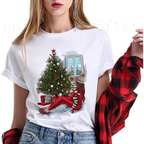 FIXSYS Female Short Sleeve T-shirt Funny Santa Claus Tops Tee Happy New Year Christmas Fashion Ladies Print Women T-shirt