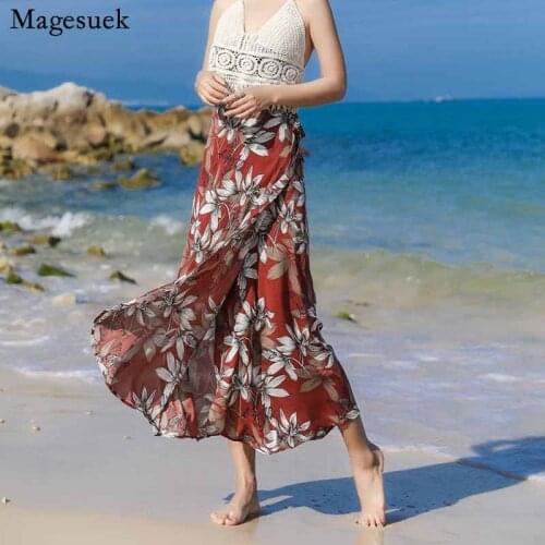 Seaside Lace-up Floral Chiffon Solid Print Skirt 2020 Summer New Casual Holiday Beach Skirts Women High Waist Wrapped 10143