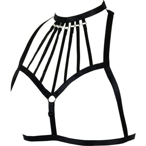 Woman Black Punk Goth Style Elastic Harness Bra Belts Sexy Lingerie Body Bondage Caged Bralette Gothic Bra Garters Harness