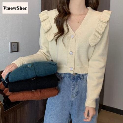VmewSher Knitted Women Short Cardigan Sweaters Ruffles Shoulder Long Sleeve V-neck Slim Autumn Jumpers Knitwear Shirt Crop Top