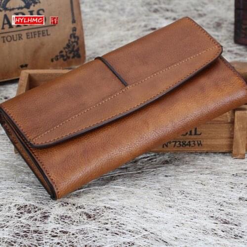 Womens Handmade Wallet Female Genuine Leather Long Wallet Retro Long Zipper Three Fold Wallets Card Coins Purses Clutch Bags