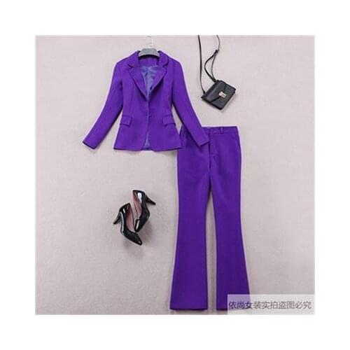 Fashion women blazer office business Pant suit Simple Purple Casual Suit Collar Long Sleeve + Flared pants 2 Piece Set women New