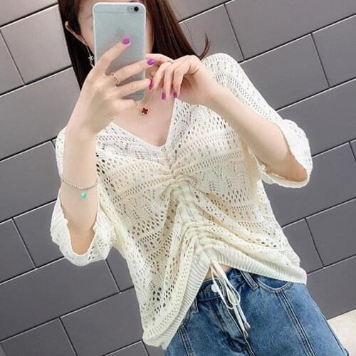 Woman Sweaters Pullover Hollow-out Knitwear Short Sleeve Bat Blouse Loose-Fitting V-neck Top Summer Femme Chandails