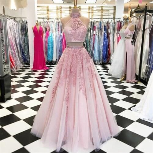 Two Pieces Pink Prom Dress 2020 High Neck Appliques Tulle Long Prom Gown 3d Flowers Evening Party Gowns Robe De Soiree
