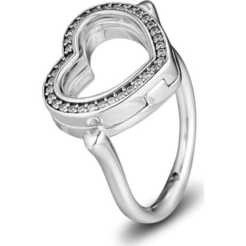 925 Sterling Silver Jewelry Sparkling Floating Heart Locket Ring Clear CZ Fashion Rings for Women QANDOCCI