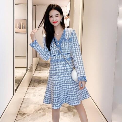 New Arrival Houndstooth Sweater Womens Female Vintage Plaid Elegant Office Long Sleeve Warm Tassel Knitted Dresses Vestidos