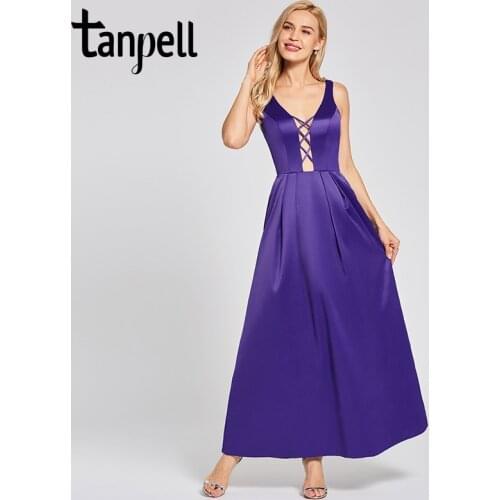 Tanpell sexy v neck evening dress noble regency sleeveless floor length a line gown lady prom wedding party long evening dresses