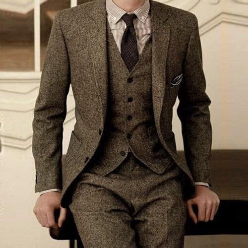 Winter Wool Tweed Blends Mens Suits For Wedding Slim Fit Brown Jacket+Vest+Pants 2021 Custom Made 3 Pieces Groomsman Office Wear