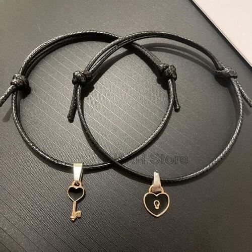 1 Pair New Couple Bracelet Lucky Enamel Key Heart Lock Charm Bracelet Handmade Jewelry Rope Bracelet Lovers Gifts For Women