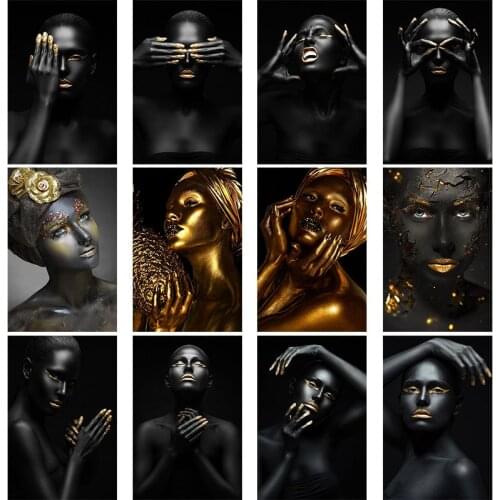 Black Gold Woman DIY Diamond Painting Cross Stitch 5D Full Square Mosaic Sexy African Model Girl Diamond Embroidery Home Decor